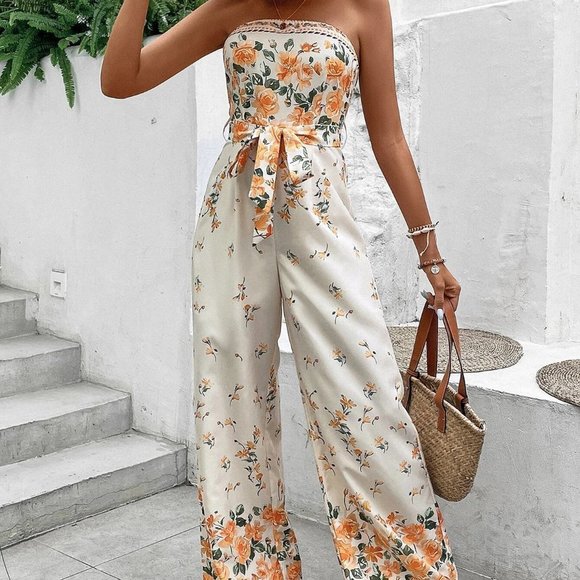 Floral Print Belted Tube Jumpsuit - Picture 3 of 5